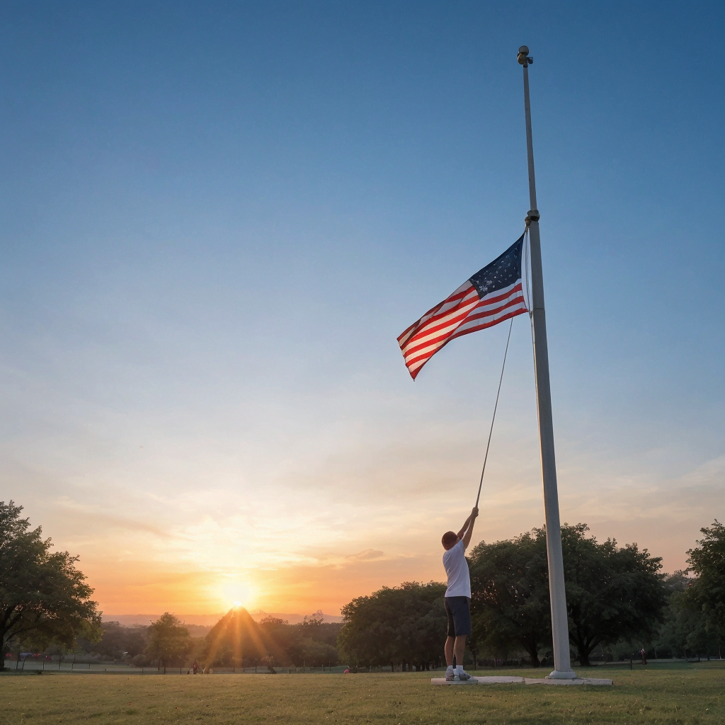 Demonstration on raising the american flag to full mast