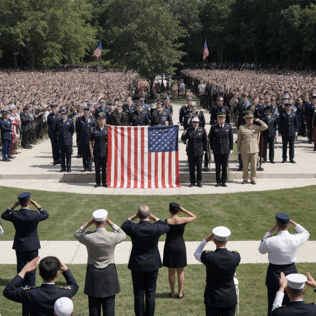 Photo realistic scene of men and women saluting the american flag