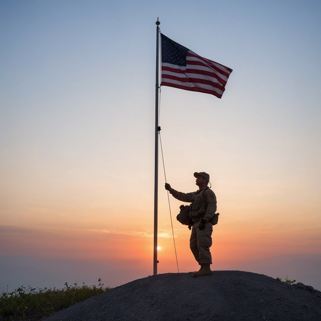 Man demonstrating how to lower american flag at sunset